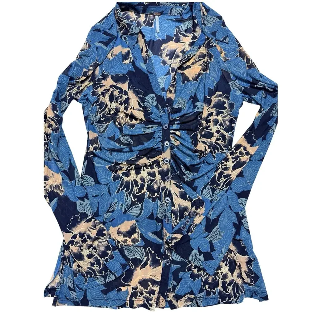 Free People Meant To Be Tunic Dress Floral Ruched V Neck Blue Womens Size Med
